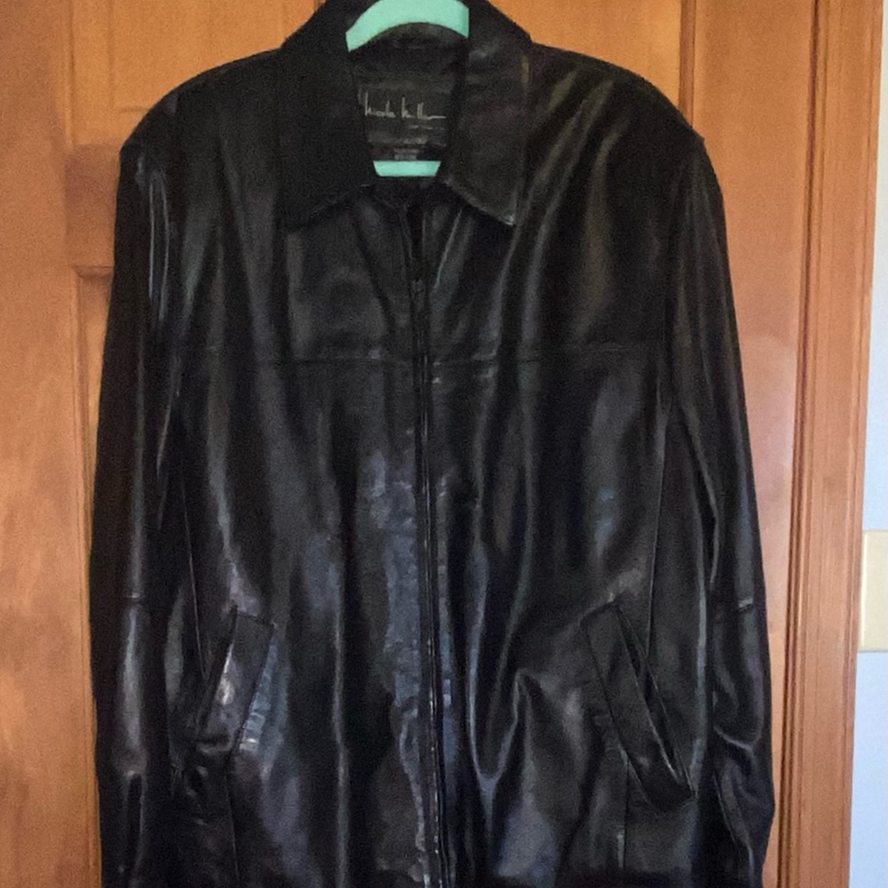 Nicole Miller New York Mens Black Leather Lined Zipper Jacket